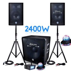 Bm sonic PACK SONO 2400W BMS-1812 SUB 46cm 2 enceintes 30cm + C&acirc;bles + Mini LEDSTROBE LytOr + 2 Effets ROUNDIAMS UFO
