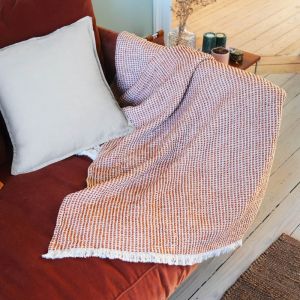 Blanc Cerise Plaid lin/coton avec franges 130x170cm Blanc, Terre Cuite