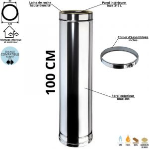 &Eacute;l&eacute;ment 100 cm conduit double paroi isol&eacute; Edilinox - Diam&egrave;tre 80 mm