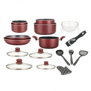 Image de Herzberg Hg-8055: Batterie De Cuisine En Marbre Enduit De 17 Pièces Avec Poignée Amovible Bordeaux