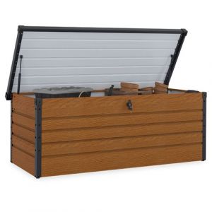Idmarket Coffre de rangement m&eacute;tal verrouillable effet bois et gris pour jardin 600L 165x70x63 cm