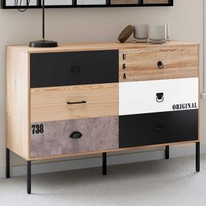 Image de Idmarket Commode 6 tiroirs SACRAMENTO 115 cm design industriel dépareillé