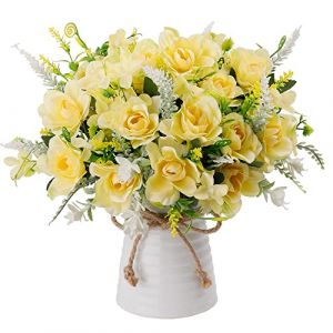 LESING Fleurs Artificielles dans Un Vase en Céramique Fausses Gardénia Fleurs en Soie Bouquet De Mariée Fleur Réaliste pour La Fête De Mariage Maison Décoration De Table Centres (Champagne)