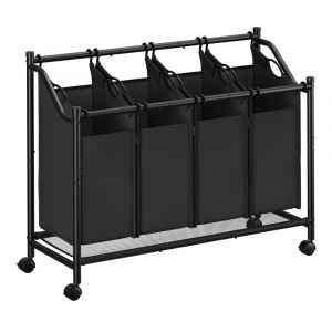 Songmics Panier à linge Mobile, Corbeille avec 4 Sacs Amovibles, avec roulettes, pour buanderie, Chambre, Salle de bain, 4 x 45 L, Noir d'encre