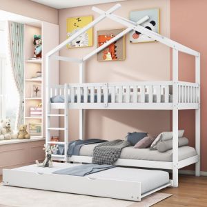 Lit superposé enfant 90x200cm, en bois, lit double avec lit gigogne, sans matelas, blanc, lit cabane