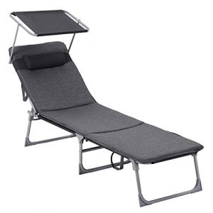 Songmics Chaise Longue, Bain de Soleil, Transat de Relaxation, avec Matelas 3 cm, Coussin, Dossier et Parasol inclinables, Pliable, 53 x 193 x 29,5 cm, Charge 150 kg, pour Jardin Gris fonc&eacute; GCB19UM