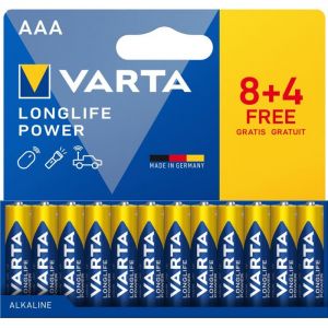 Varta Piles AAA, 8+4 (lot de 12), Longlife Power, Alcalines, 1,5V, emballage recycl&eacute; &agrave; 90%, adapt&eacute;es aux jouets, souris sans fil, lampes de poche, Made in Germany