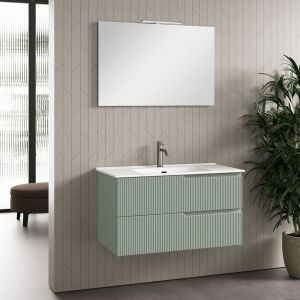 Ensemble suspendu simple vasque ZIP 100 cm - 2 tiroirs + miroir + applique LED - vert sauge