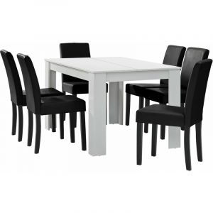 Table à manger blanc mat avec 6 chaises noir cuir synthétique rembourré 140x90 cm 03_0004024