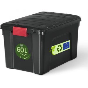 Iris Ohyama Malle, Bo&icirc;te de rangement plastique, avec Couvercle et Clips de fermeture, 60L, A l'unit&eacute;, Empilable, Roues, Sans BPA, Grenier, Cabanon, Garage, SIA-60, Noir