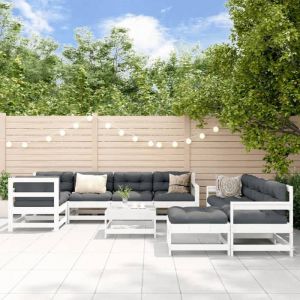 VidaXL Salon de Jardin 10 pcs, Canap&eacute;s avec Repose-pied, Ensemble de Meubles avec Table Basse Patio Terrasse, Rustique, Blanc Bois de Pin Massif