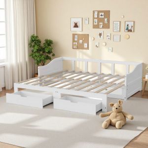Canap&eacute; Lit 2 Places Convertible Enfant 90x200 - Bois Blanc - 2 Tiroirs Rangement - Design Moderne Chb Enfant/Petit Espace