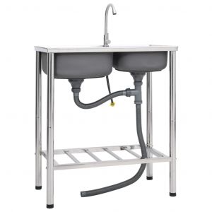 Image de VidaXL Évier de camping Double lavabo avec robinet Acier inoxydable