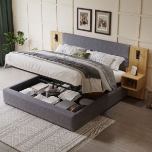 Lit coffre 160x200 cm, lit adulte, lit capitonné à oreilles larges avec 2 tables de nuit, sommier à lattes en bois, velours, gris, sans matelas