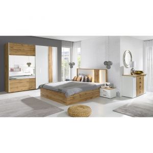 Lit adulte design wood 160x200 cm + option coffre + led dans la tête de lit. - Blanc