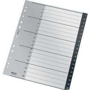 Leitz Intercalaires, Onglets 1-20, A4, Extra-Large, Plastique 90% Recyclé, Écologique, Qualité Premium, Recycle, Noir, 12110000