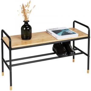 Wenko Banc à Chaussures Loft, Meuble de Rangement Style Industriel pour 4 Paires de Chaussures, en Tube d'acier avec Assise Massive en Bambou certifié FSC, 85 x 50 x 33,5 cm, Noir/Naturel
