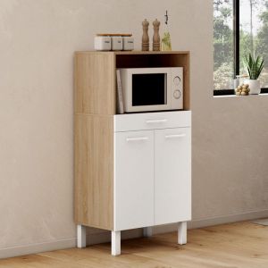 Idmarket Buffet mi-haut de cuisine pour micro-onde 60 cm CINA 1 tiroir 2 portes façon hêtre et blanc