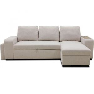 Canapé d'angle convertible réversible valdo 3 a 4 places - Tissu Beige - Tablette avec usb - Coffre + Pouf - L247xP143xH86 cm
