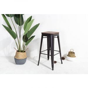 Image de Kosmi Tabouret de bar en métal noir mat et assise en bois foncé, Tabouret métal et bois haut hauteur 76cm