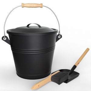 Seau à Cendres en Métal avec Couvercle Pelle et Balai à Main 5L Noir