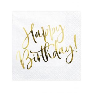 20 Serviettes en papier happy birthday blanc s et dor&eacute;es 33 x 33 cm Blanc