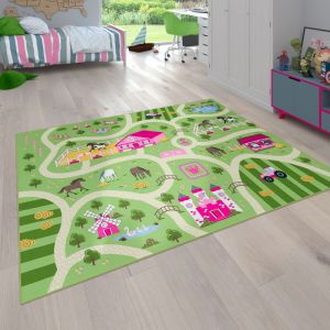 Paco Home - Tapis pour enfants, Tapis de jeu pour chambres d'enfants, Paysage et chevaux, En vert 160 cm rond