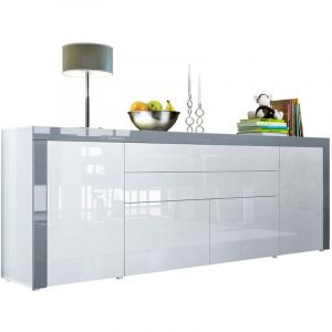 Vladon - Buffet Commode Dressoir Crédence La Paz V2 Blanc, haute brillance, tons naturels - Blanc haute brillance / Gris haute brillance - Blanc