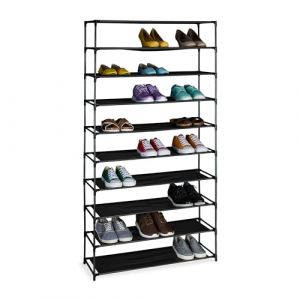 Relaxdays Rangement à Chaussures, 10 Niveaux, Structure métal & Niveaux en Tissu, pour l’entrée, Noir