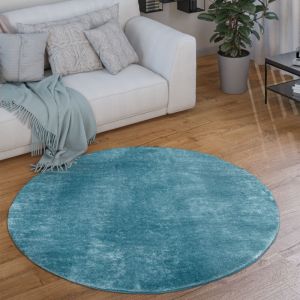 Paco Home - Tapis Rond Salon Tapis Poil Ras Moderne Moelleux Lavable Monochrome Turquoise, 120 cm rond