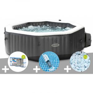 Intex Kit spa gonflable PureSpa Carbone octogonal Bulles et Jets 4 places + 12 filtres + 5 kg de sel + Aspirateur