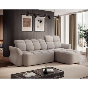 Canapé d'angle droit convertible 4 places en tissu bouclette beige