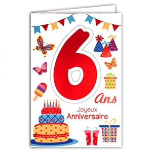 Afie 69-2106 Carte Joyeux Anniversaire 6 ans Enfant Garçon Fille - Gteau 6 Bougies Papillons
