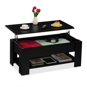 Relaxdays Table Basse Rabattable (H x l x P) : 42 x 98 x 50 cm, Table de Salon avec Espace de Rangement, étagère supplémentaire, Noire