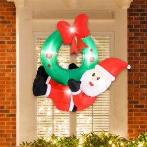 COSTWAY Couronne Gonflable Lumineuse 120cm avec Père Noël et N?ud Rouge, 5 Lumières LED, Décoration de Noël pour Intérieur Extérieur
