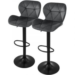Lot de 2 Tabourets de Bar en Velours, Gris, Chaise Rembourrée avec Dossier et Repose-Pieds, Réglable en Hauteur 59-79 cm, Pivotante à 360°, Tabouret