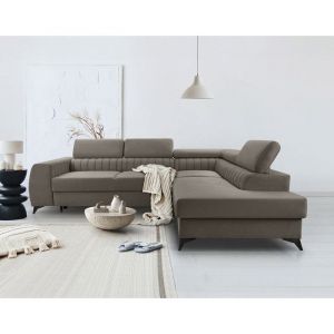 Canapé d'angle droit convertible 5 places en velours taupe