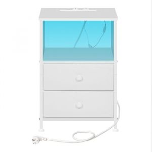 Table de Chevet avec Prises - WOLTU Table de Nuit LED - 2 Tiroirs en Tissu - M&eacute;tal+MDF - Blanc W0ITT7083