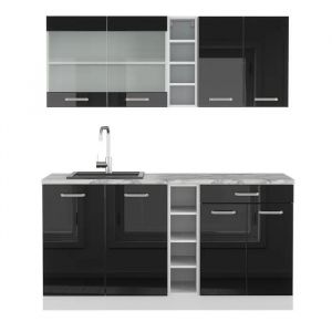Vicco - Cuisine R-Line, Noir brillant/Blanc, 160 cm sans plan de travail