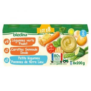 Image de Bl&eacute;dina Petits Pots B&eacute;b&eacute; - D&egrave;s 6 mois - Carottes Semoule Dinde, Pommes de terre Lieu, L&eacute;gumes Poulet - 8 pots de 200 g