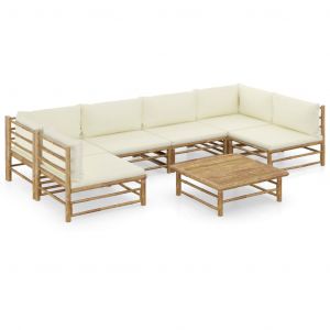 Salon de jardin 7 pcs avec coussins blanc cr&egrave;me Bambou