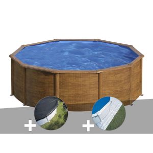 Gre Kit piscine acier aspect bois Pacific ronde 4,80 x 1,22 m + Bâche d'hivernage + Tapis de sol