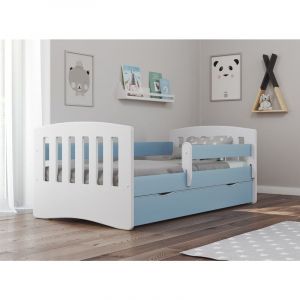 LesTendances Lit enfant avec barrière de sécurité amovible bleu Klaky Matelas mousse 80x160 cm Sans tiroir