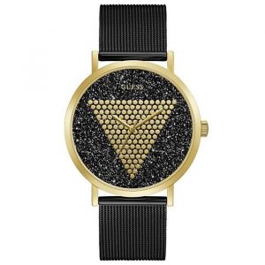 Image de Guess Montre Devinez homme noir Impression logo GW0049G2 de fond pailleté or maille milanaise de points