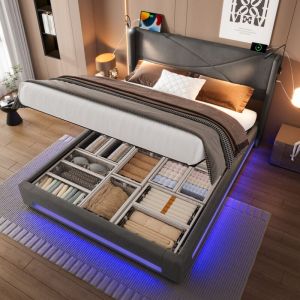 Lit coffre 160x200cm, lit double adulte, avec 2 lampe de lecture + led + usb, sans matelas, velours, gris