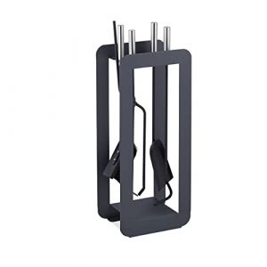 Relaxdays Serviteur de chemin&eacute;e, moderne, 5 pi&egrave;ces : tisonnier, pelle &agrave; cendres, balai, pince et support, gris/argent&eacute;
