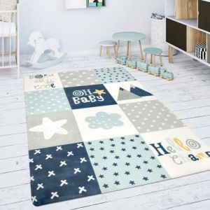 Paco Home - Tapis Chambre Enfant Tapis De Jeux Tapis B&eacute;b&eacute; Losanges &Eacute;toiles Gris Bleu Blanc 150 cm Rund (de)
