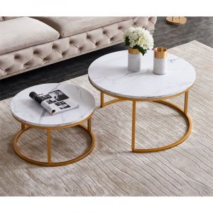 Table Basse Gigogne Ronde Lot de 2- Structure en Métal Table Basse Marbre - 80 x 45 cm (ø x h) et 60 x 33 cm (ø x h) Or
