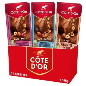 Côte d'Or Bloc Lait - Lot de 6 Tablettes Chocolat : Lait Noisettes (x2), Lait Amandes (x2), Lait Raisins Noisettes (x2) - 1,08kg