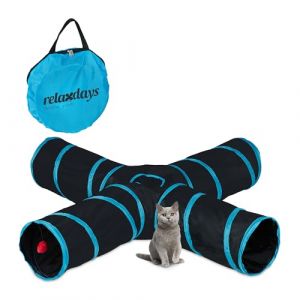 Relaxdays Tunnel pour Chat, 4 Voies, Pliable, HxLxP : env. 25x130x125 cm, Jouet interactif, Lapin Nain, Noir/Bleu